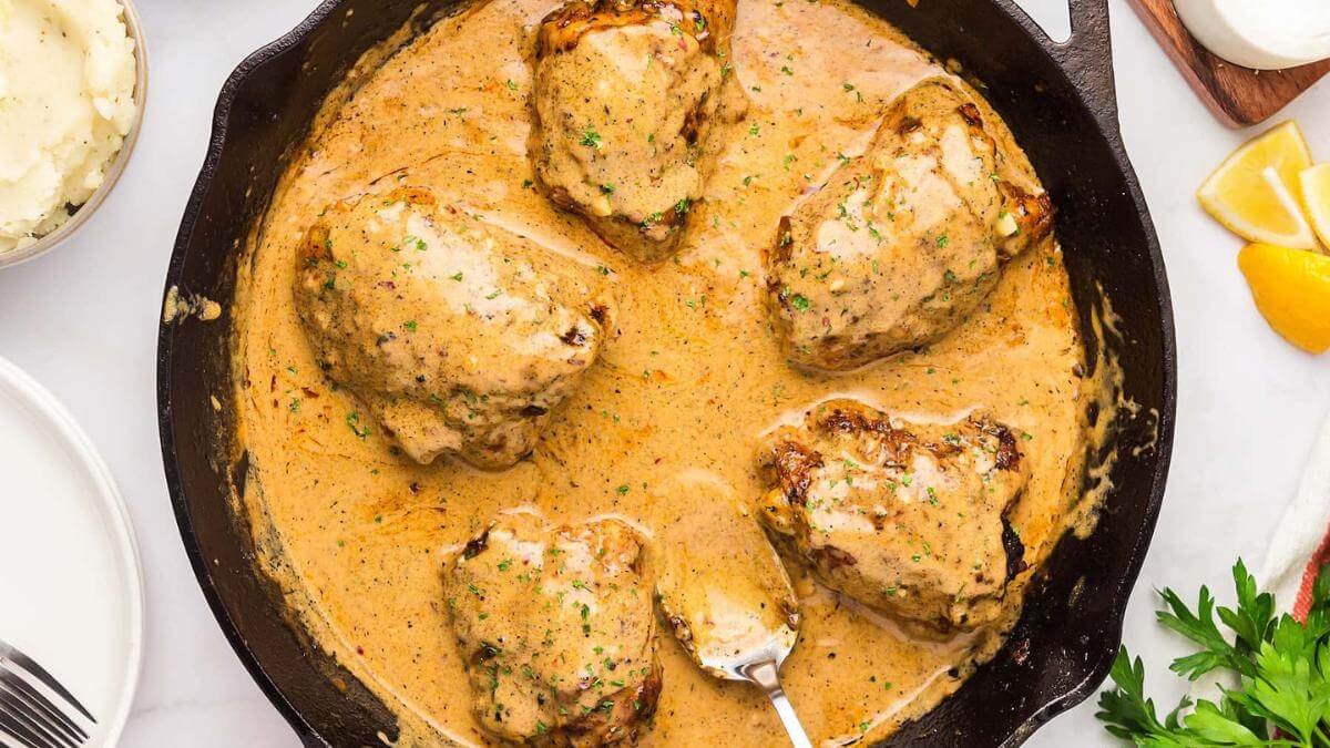 A cast iron full of creamy chicken thighs.