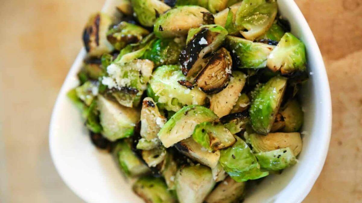 A bowl of garlic butter Brussels sprouts.