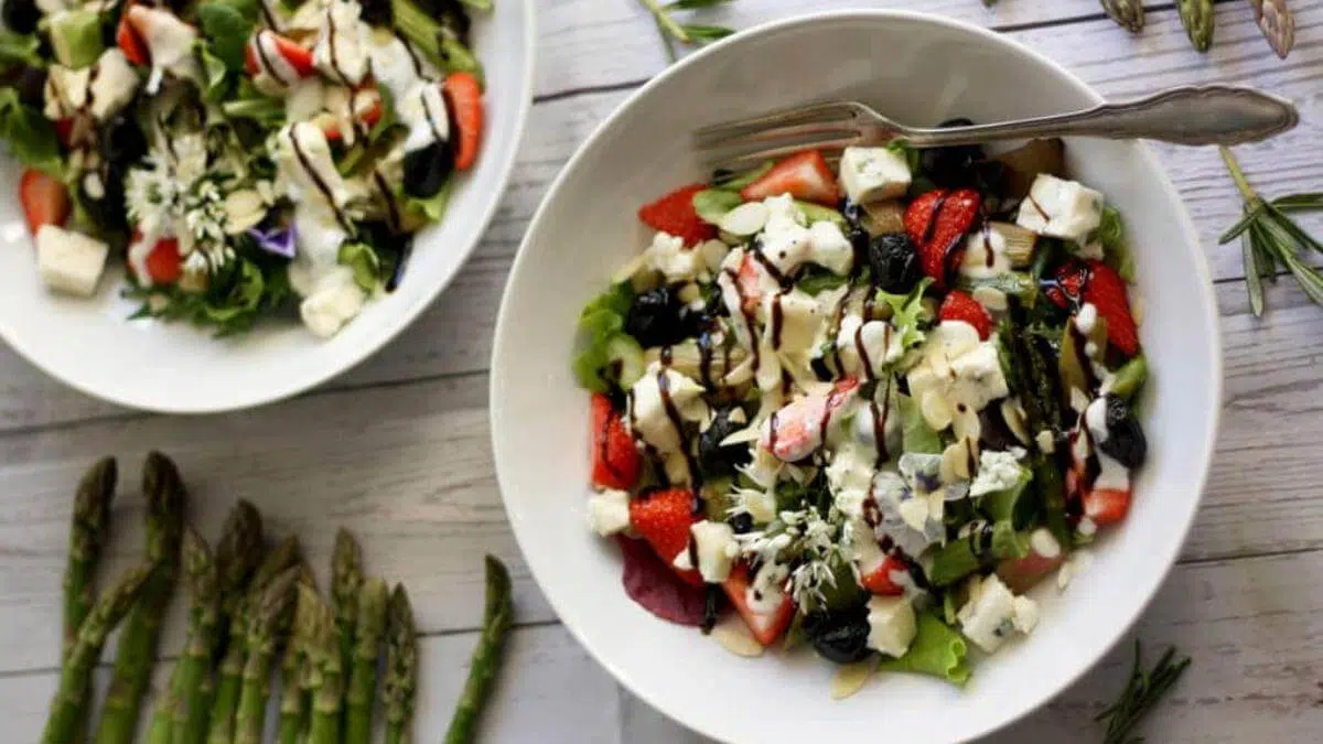 Bowl of strawberry rhubarb salad.
