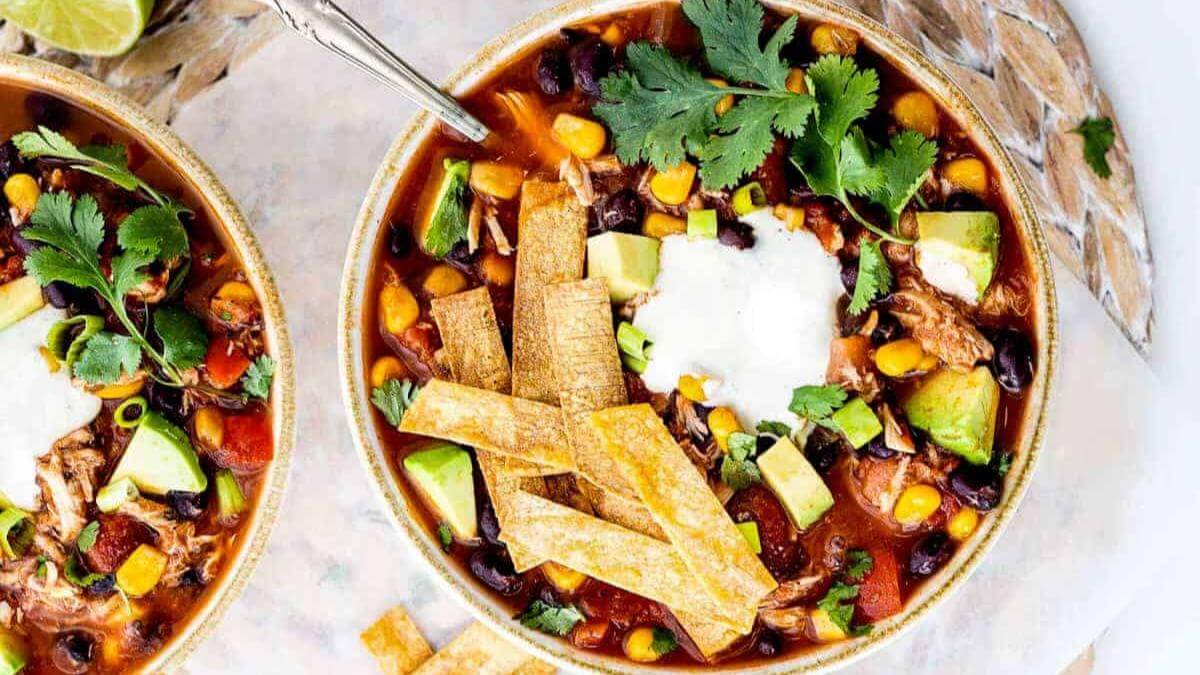Slow cooker chicken tortilla soup in a bowl.