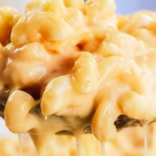 A spoonful of cheesy mac and cheese.