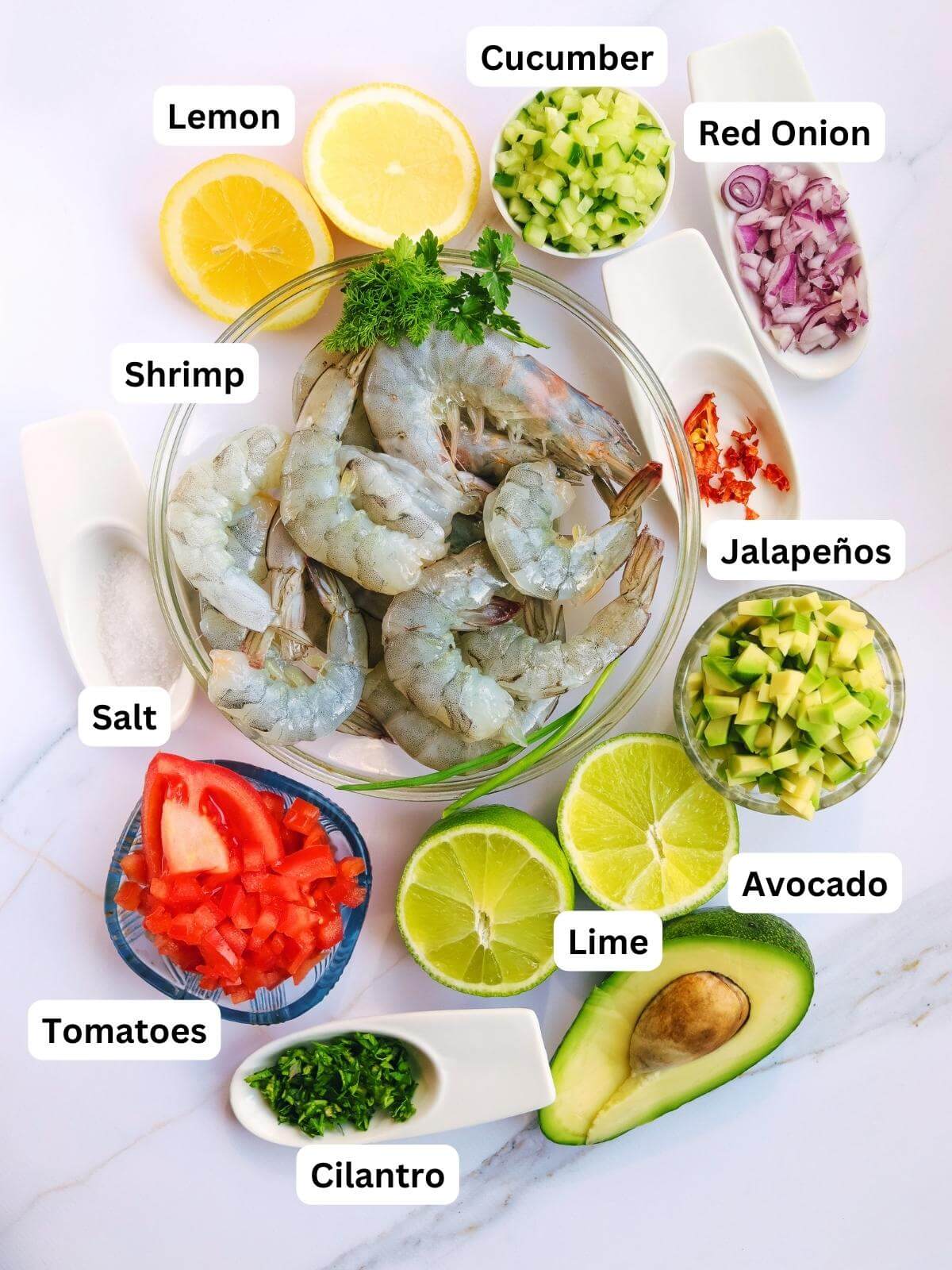 Ingredients for making shrimp ceviche.