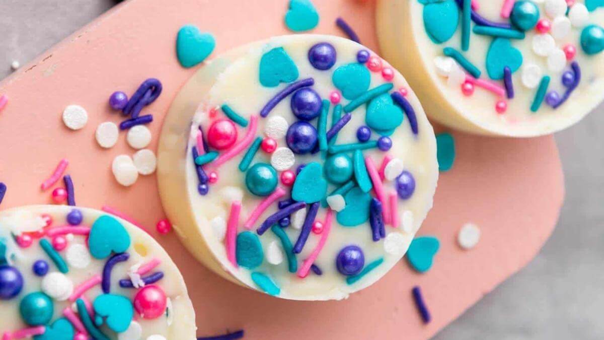 White chocolate covered Oreos with sprinkles.