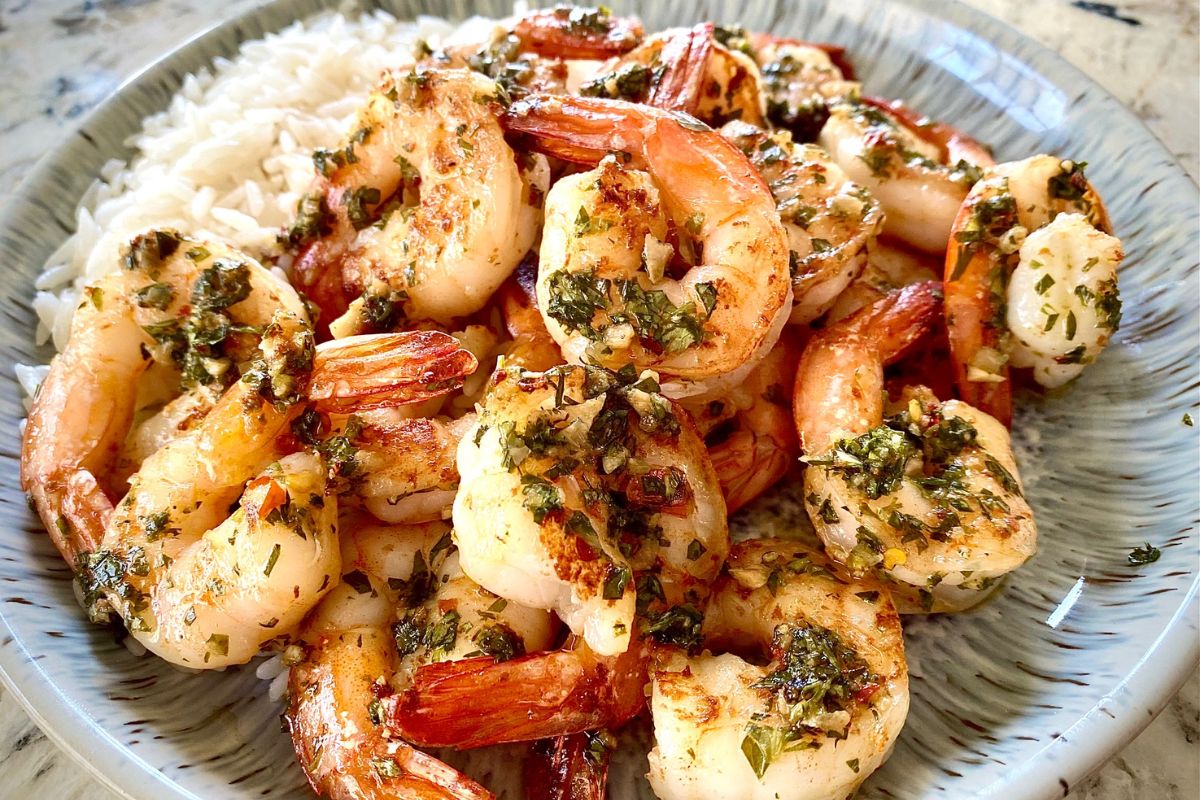 A shrimp dish on a plate.