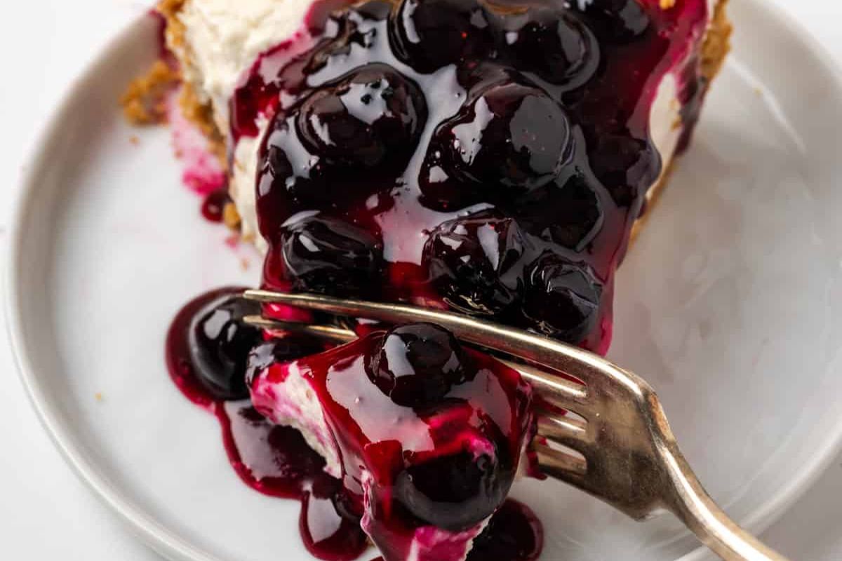 A slice of blueberry cheesecake.