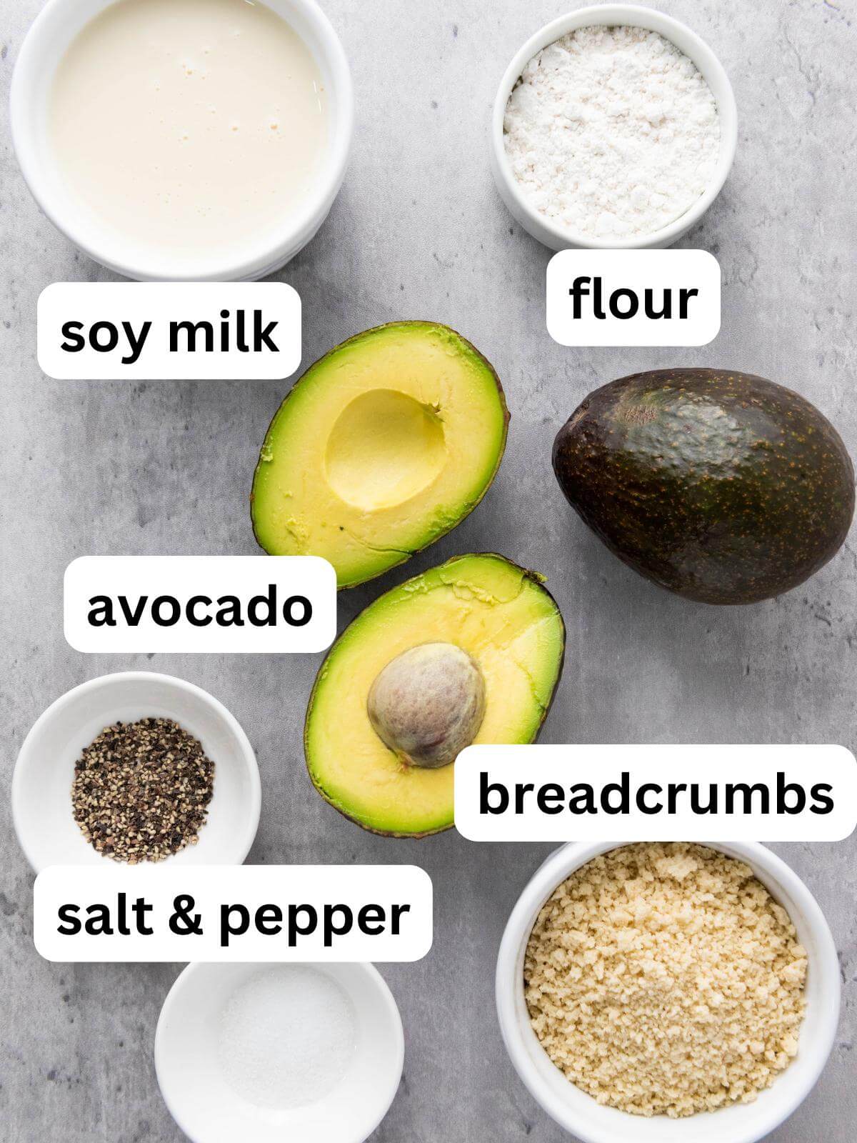 Labeled ingredients for making avocado fries.