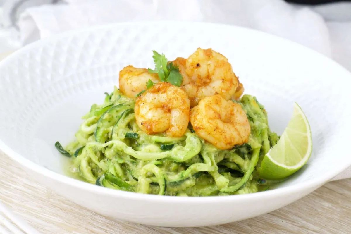 Pesto zoodles with shrimp.