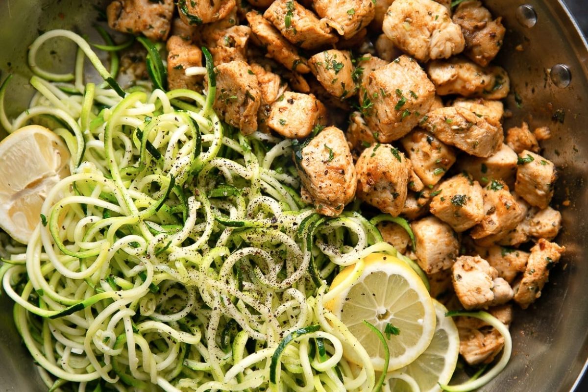 Garlic butter chicken bits with zucchini.