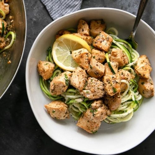 Garlic butter chicken bits with zucchini.