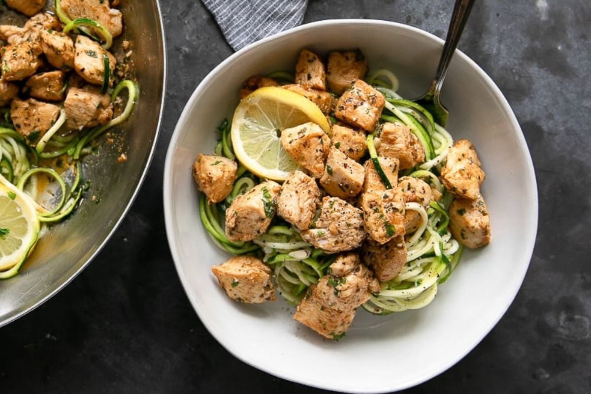 Garlic butter chicken bits with zucchini.