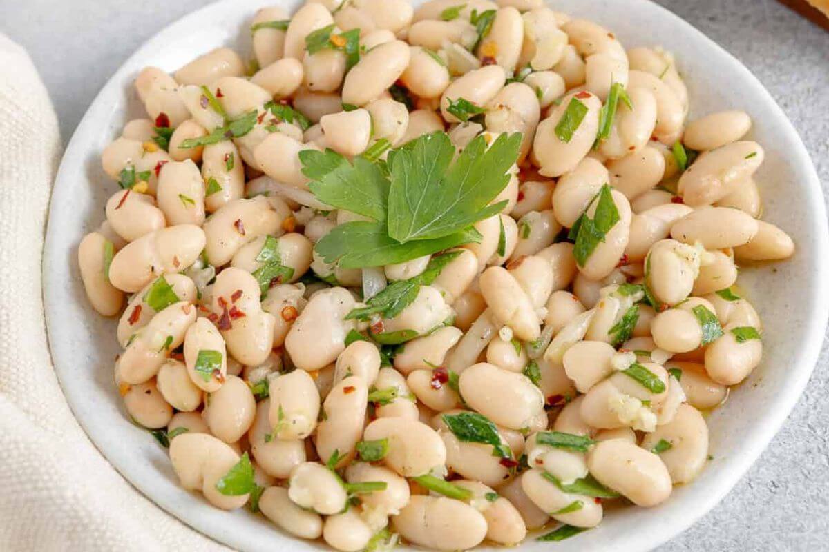 Tuscan bean salad in a bowl. 