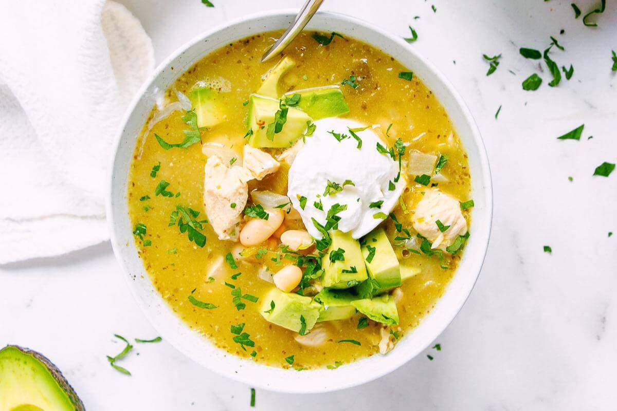 Chicken chili in a bowl.