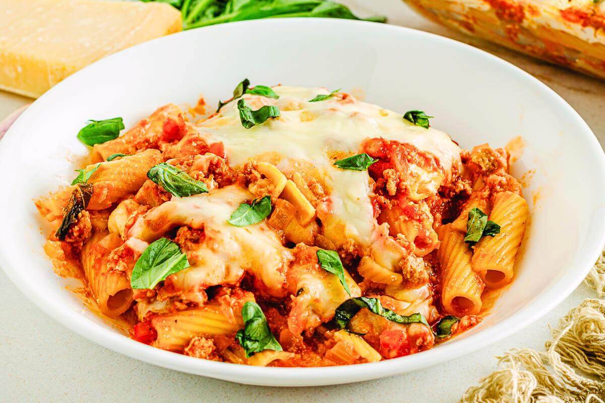 Baked ziti on a plate.