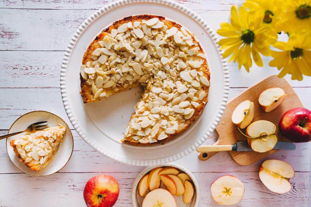 Apple cake on a plate.