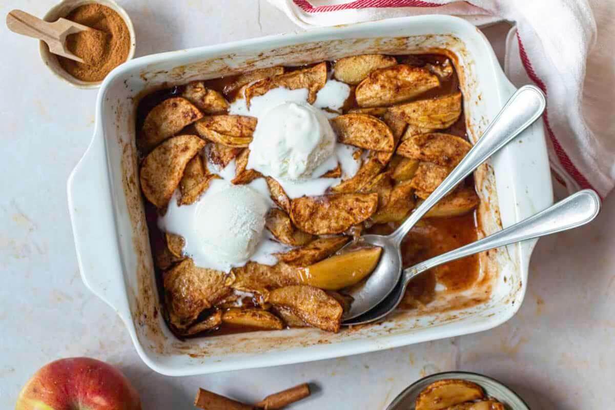 Baked apples in a dish.