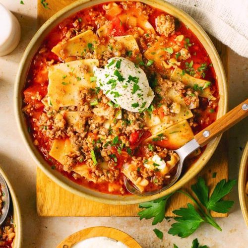 Lasagna soup in a bowl.