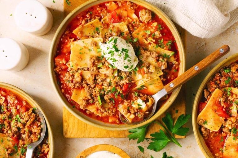 Lasagna soup in a bowl.