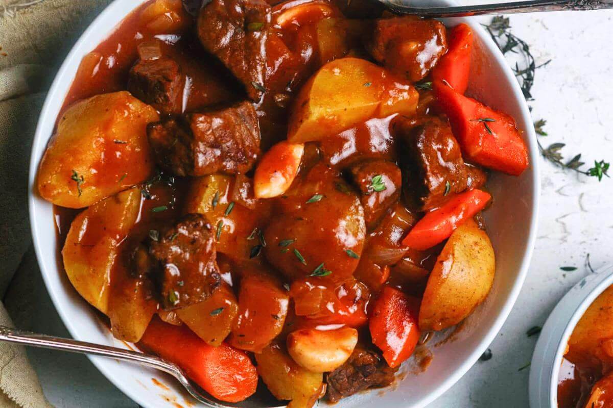 Beef stew in a bowl.