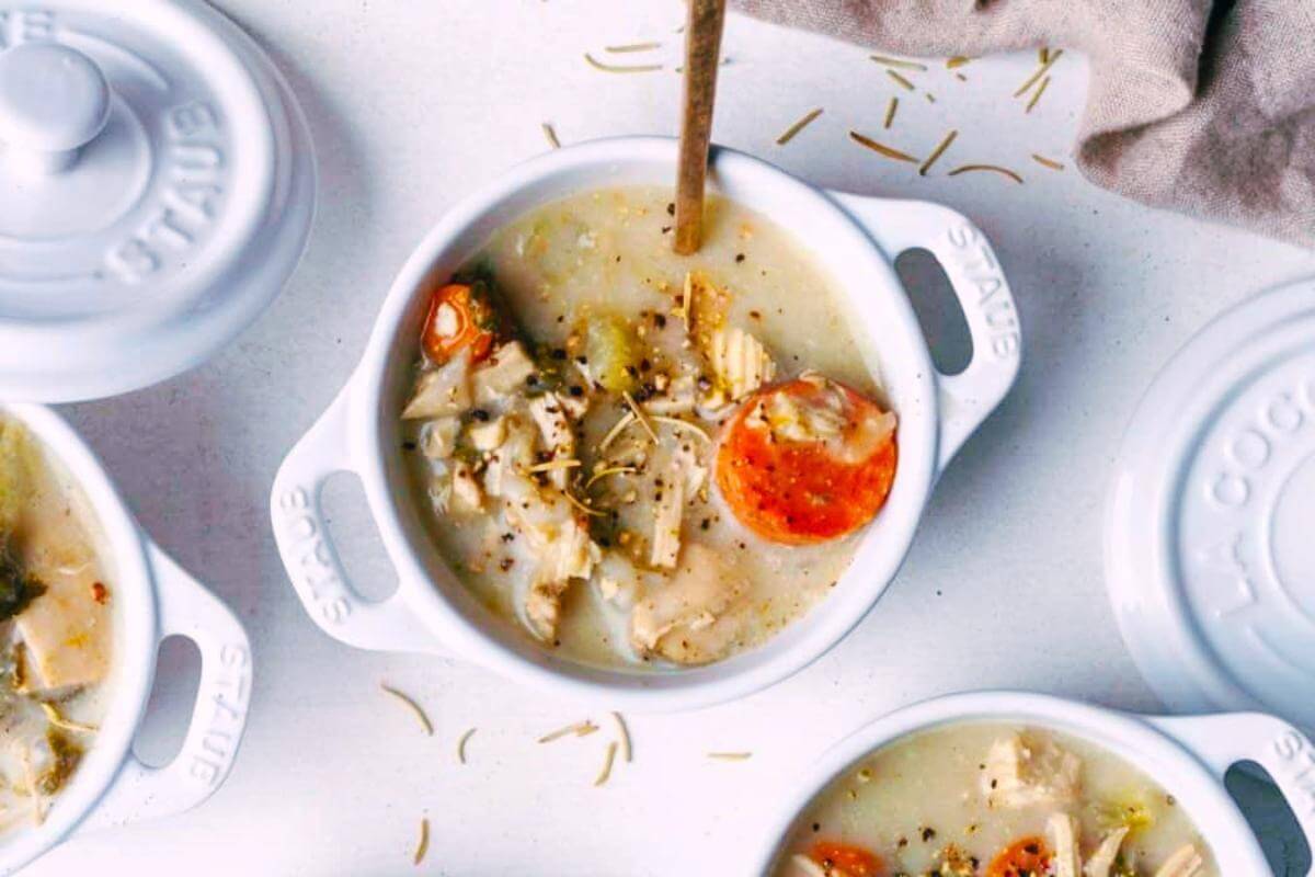 Chicken soup in a dish.