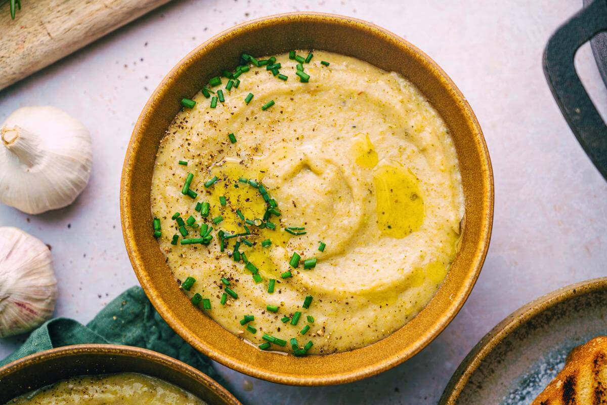 Broccoli potato soup in a bowl.