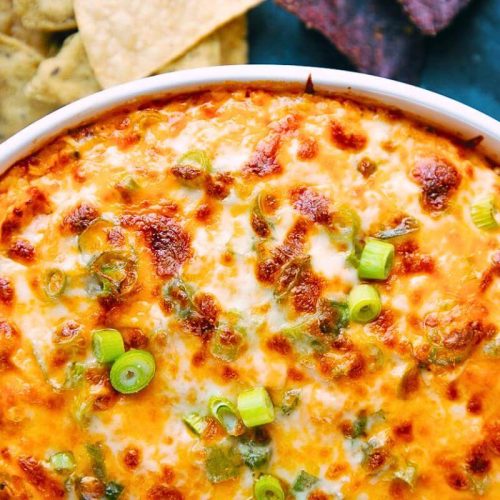 Buffalo chicken dip in a dish.