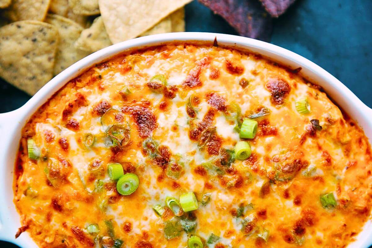 Buffalo chicken dip in a dish.