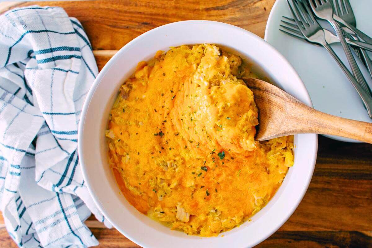 Spaghetti squash casserole in a dish.