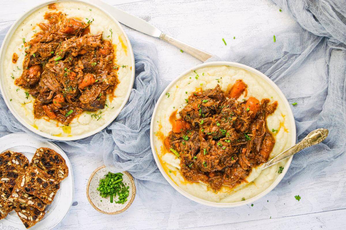 Wine braised beef with mashed potatoes.