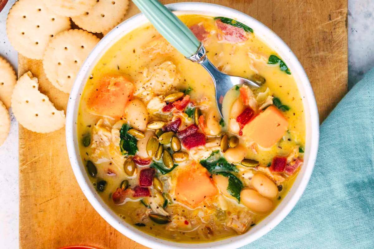 A bowl of chicken butternut squash soup.