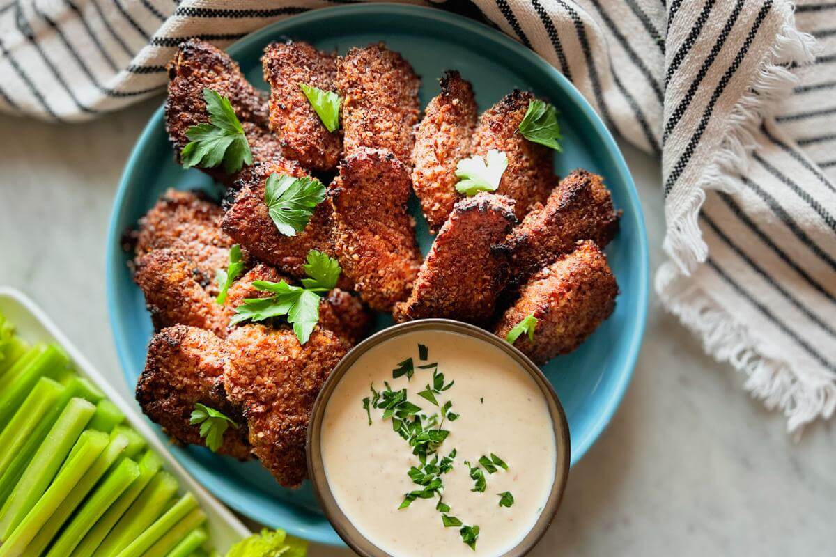 Chicken tenders on a plate with dipping sauce.