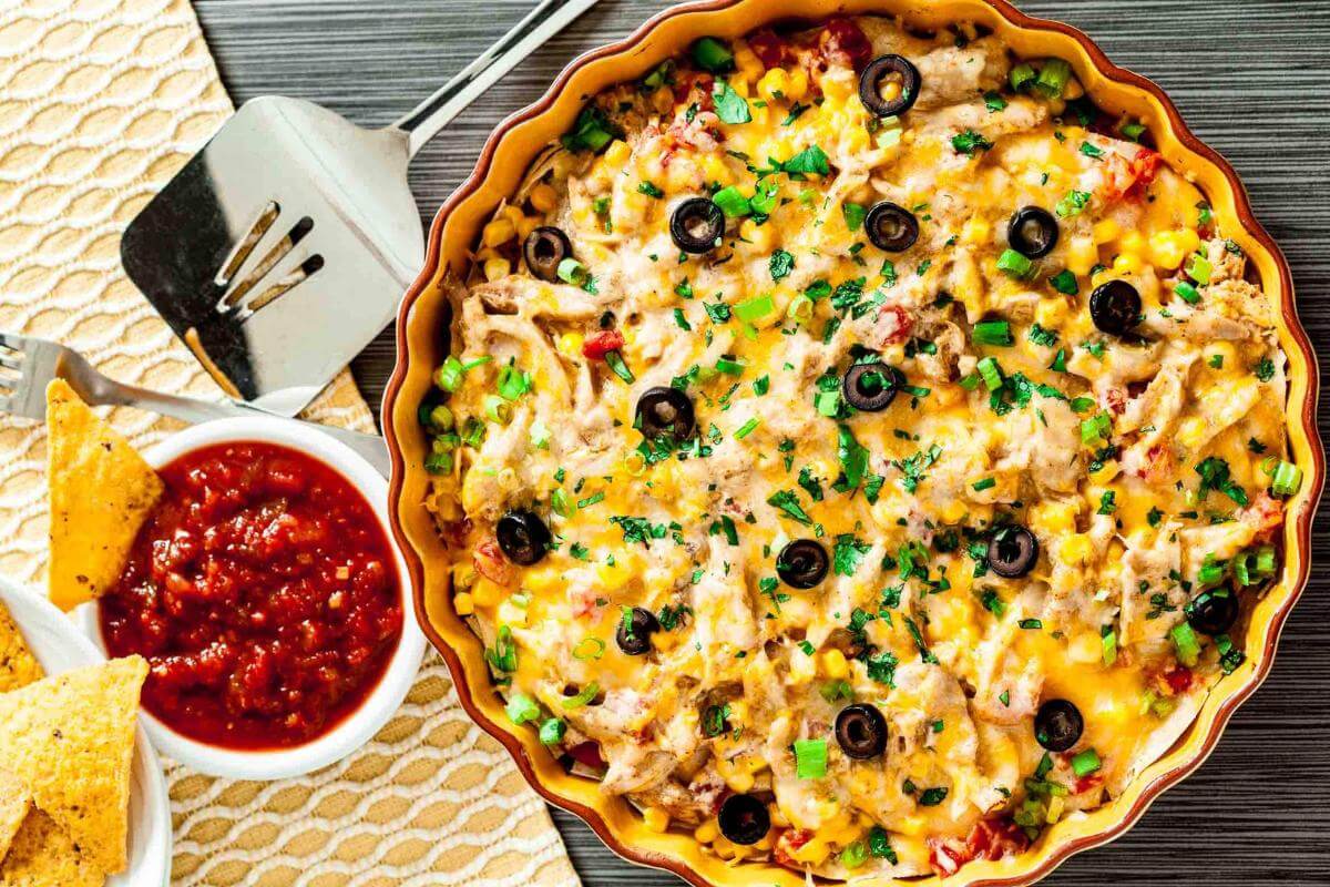 Enchilada casserole in a dish.