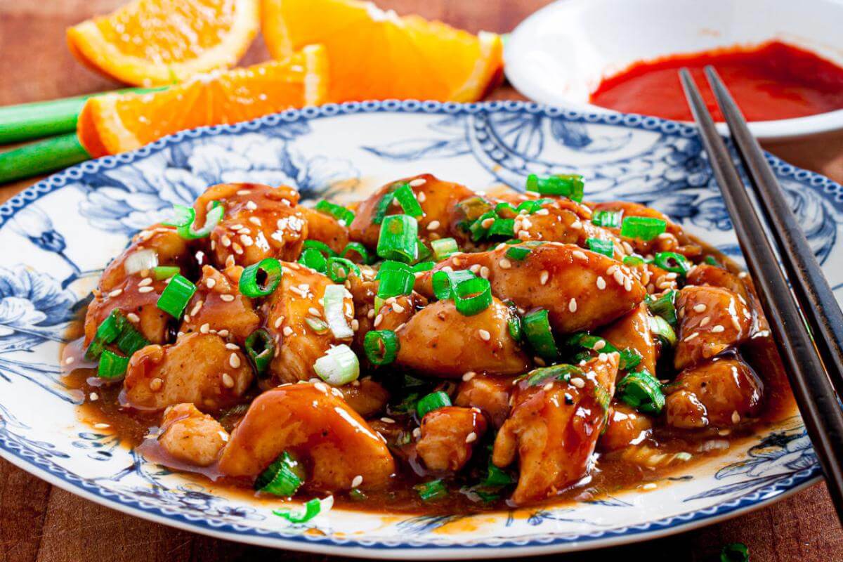 A plate of orange chicken.