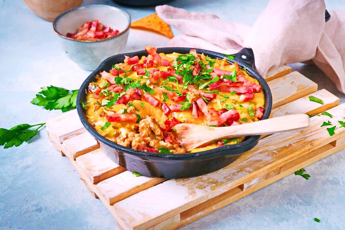 A skillet of bison cheeseburger dip.