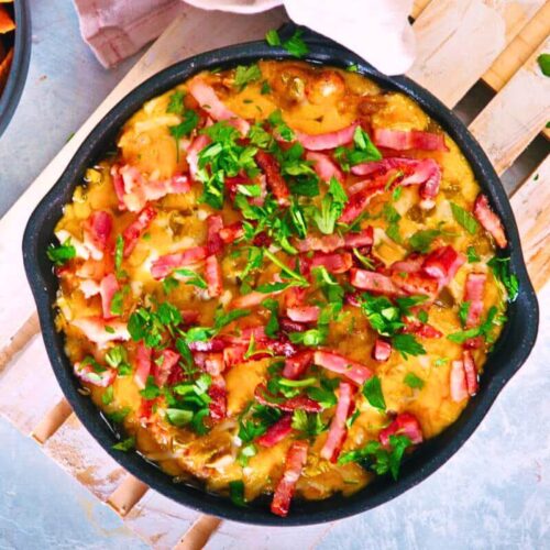 A skillet of bison cheeseburger dip.