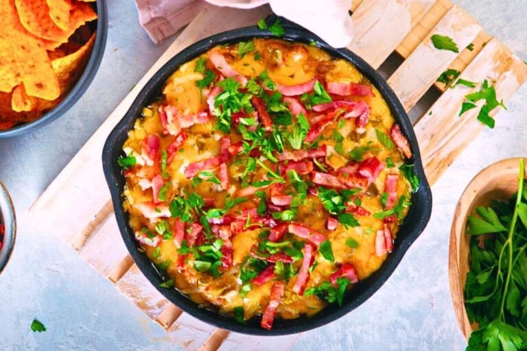A skillet of bison cheeseburger dip.