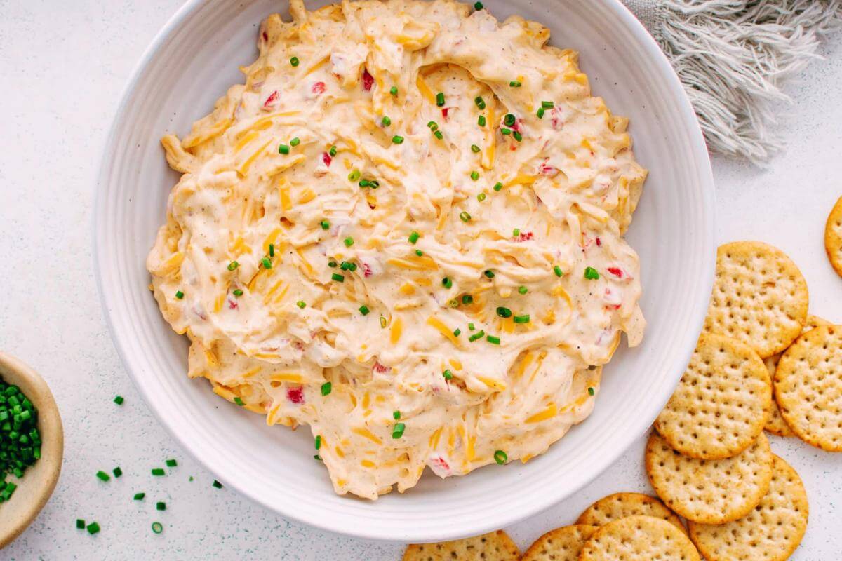 Pimento cheese dip in a dish.