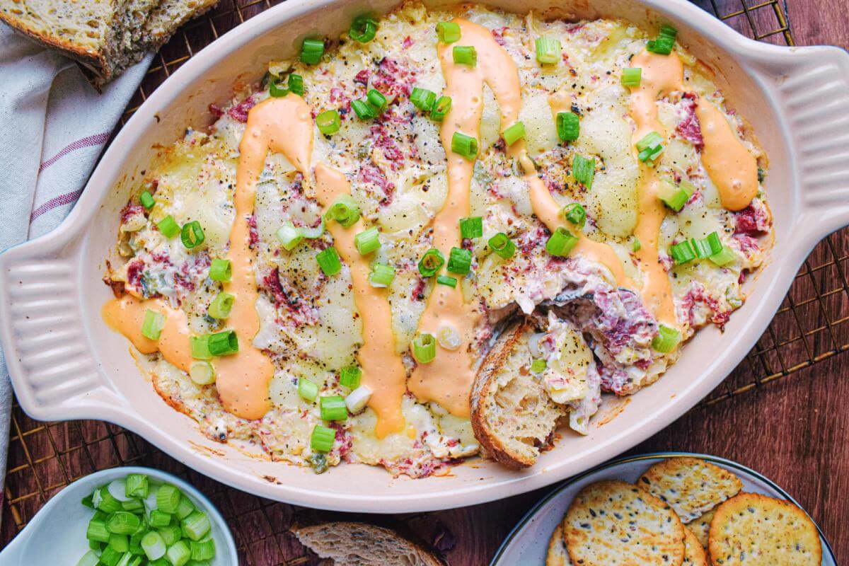 Reuben dip in a baking dish.