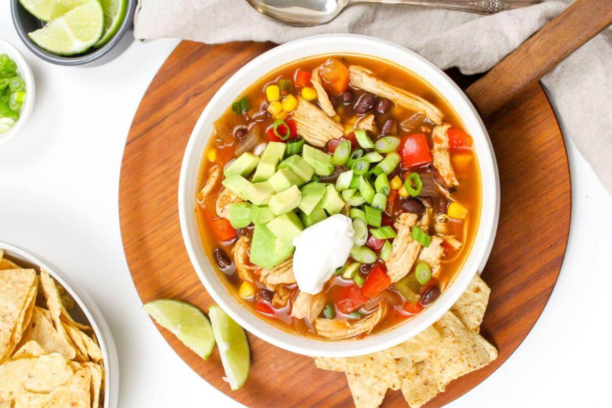 A bowl of chicken taco soup.