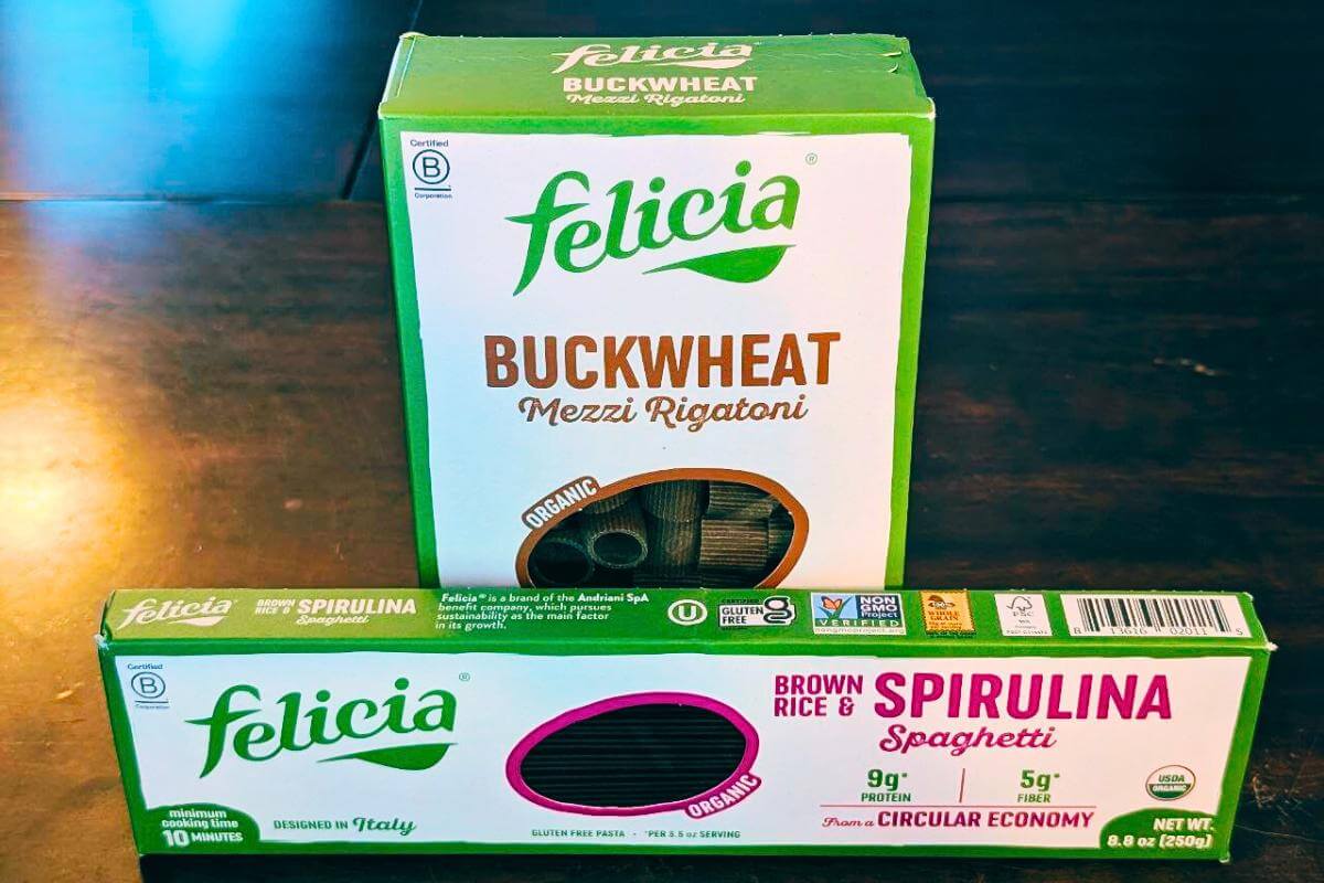 Two boxes of Felica brand pasta.