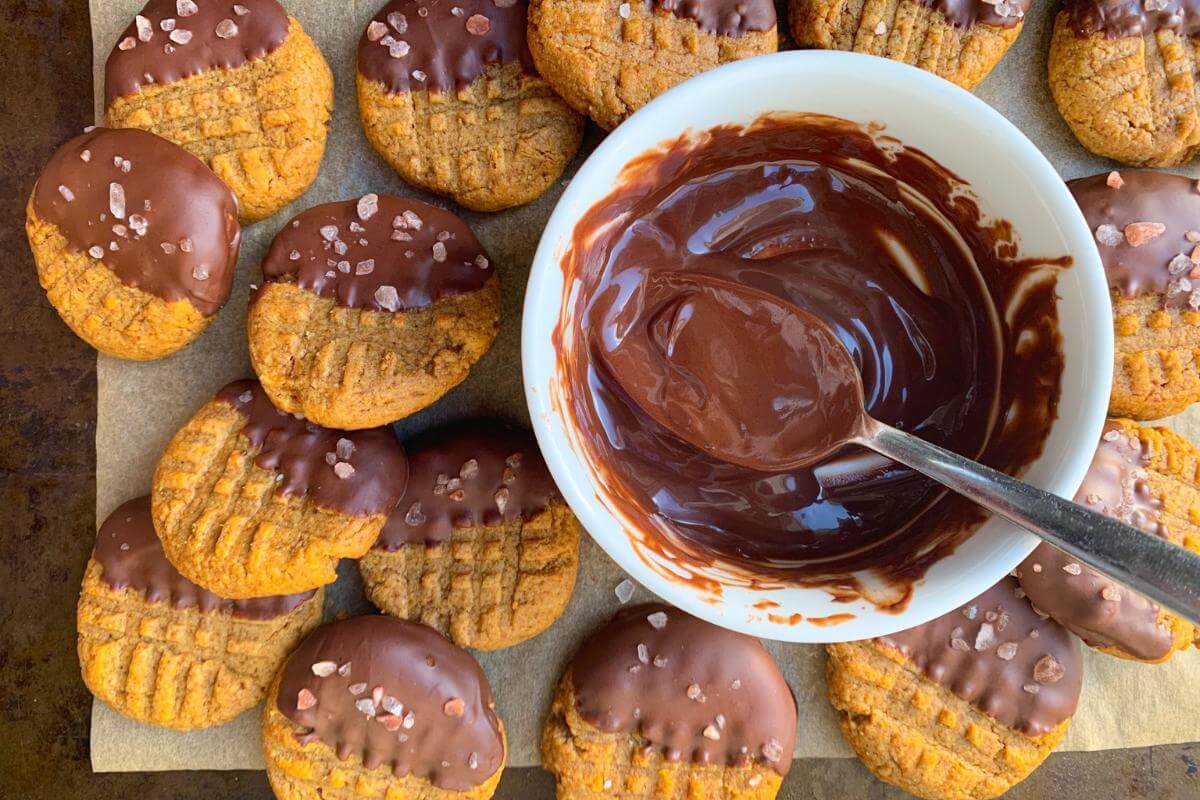 Peanut butter cookies dipped in chocolate.