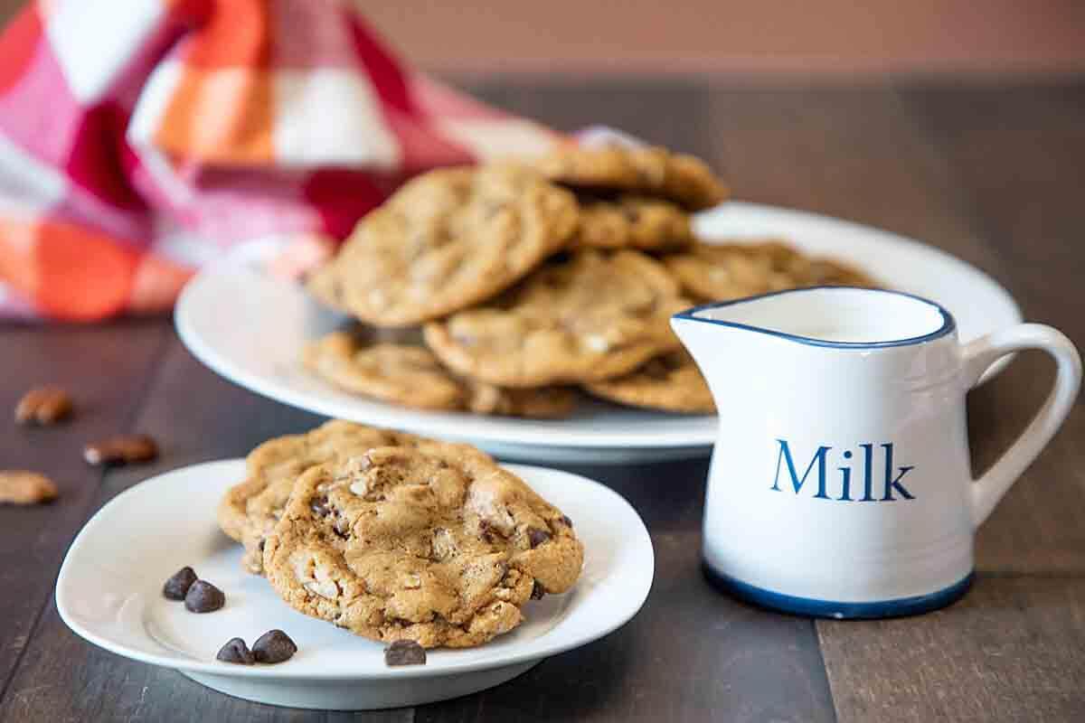 A plate of chocolate chip cookies.