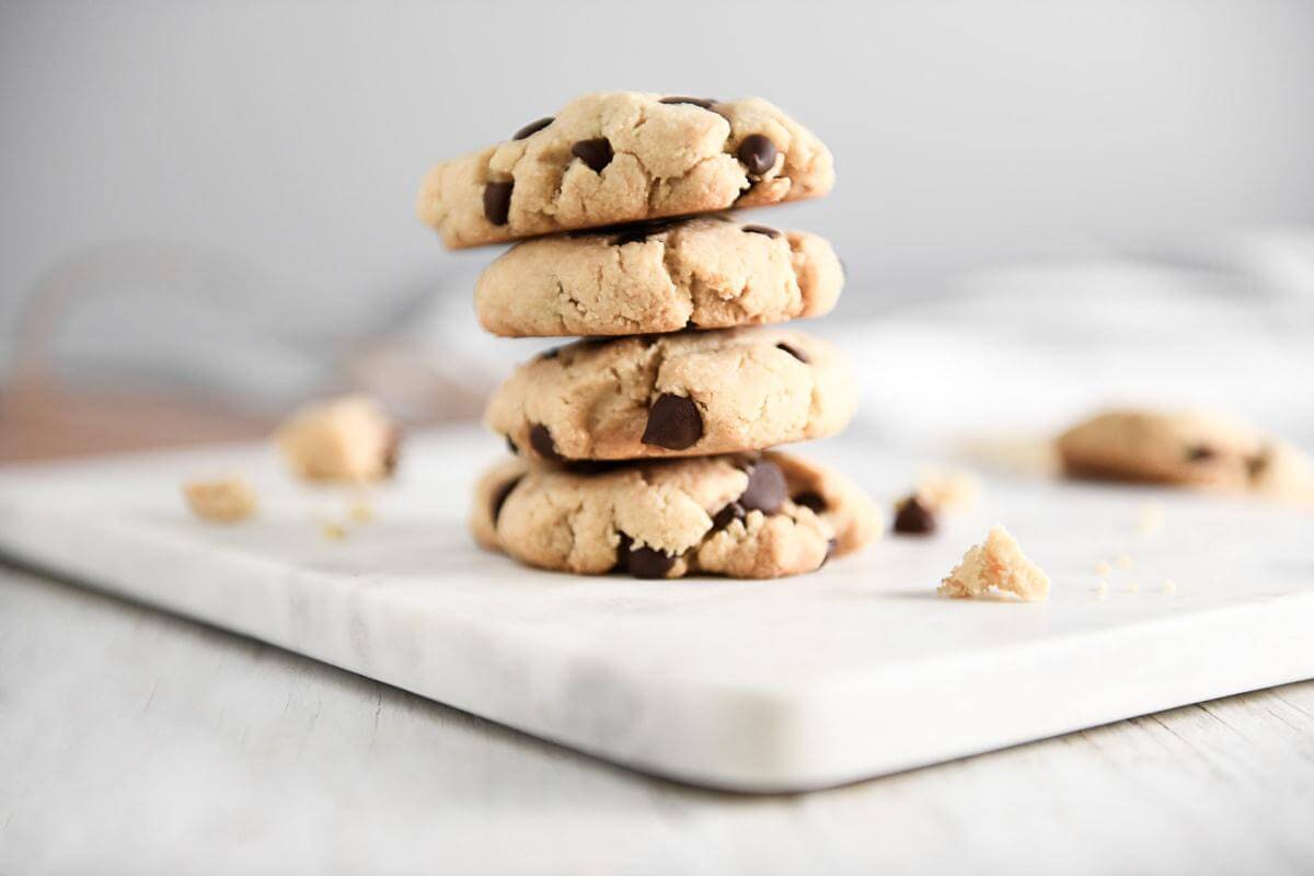 A stack of chocolate chip cookies.