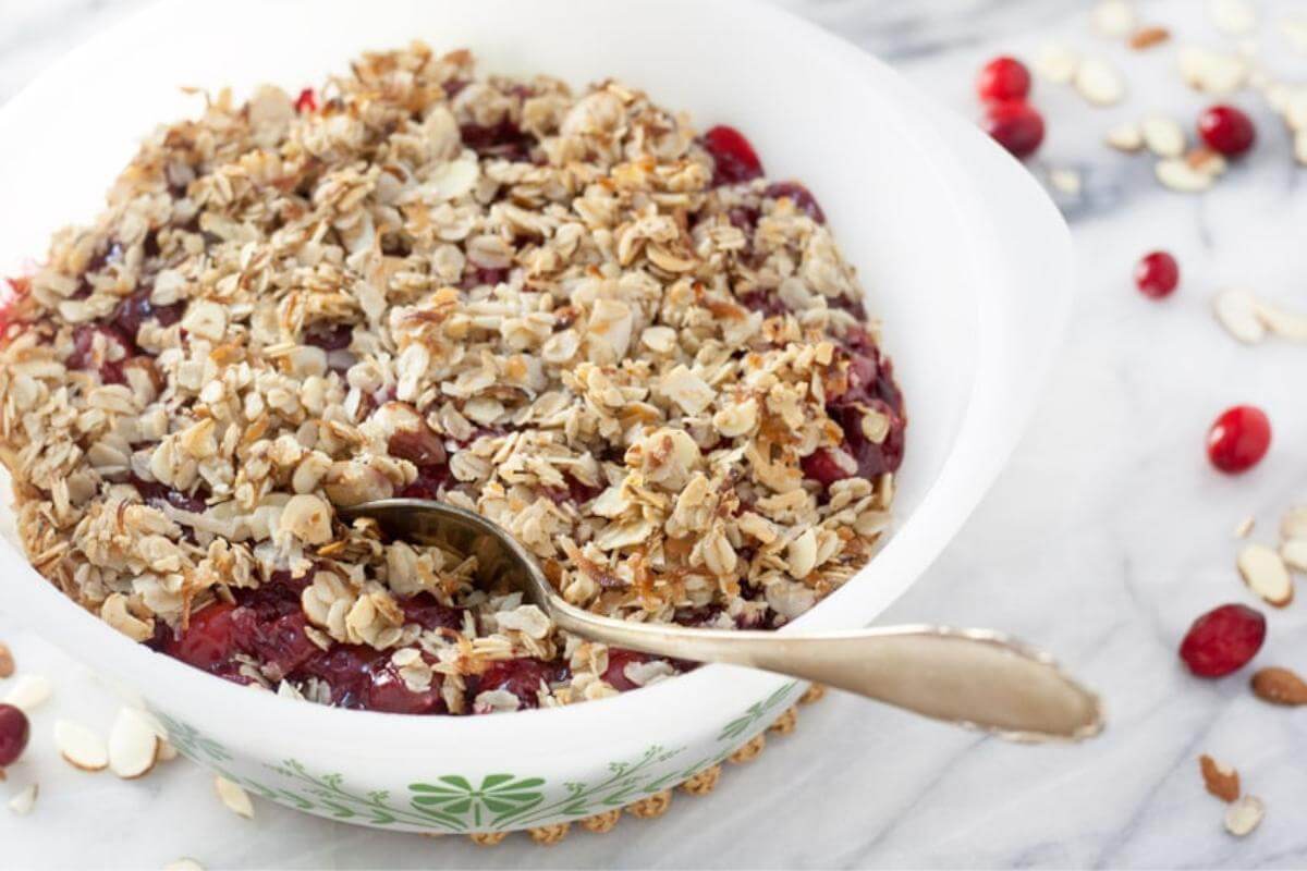 Cherry cranberry crisp in a dish.