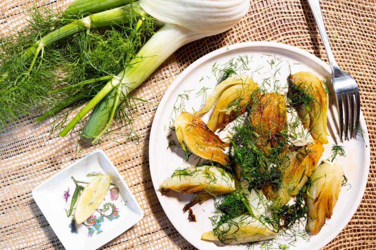 Roasted fennel bulb on a plate.