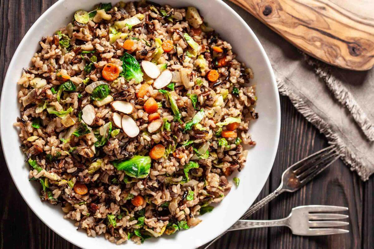 Wild rice pilaf in a dish.