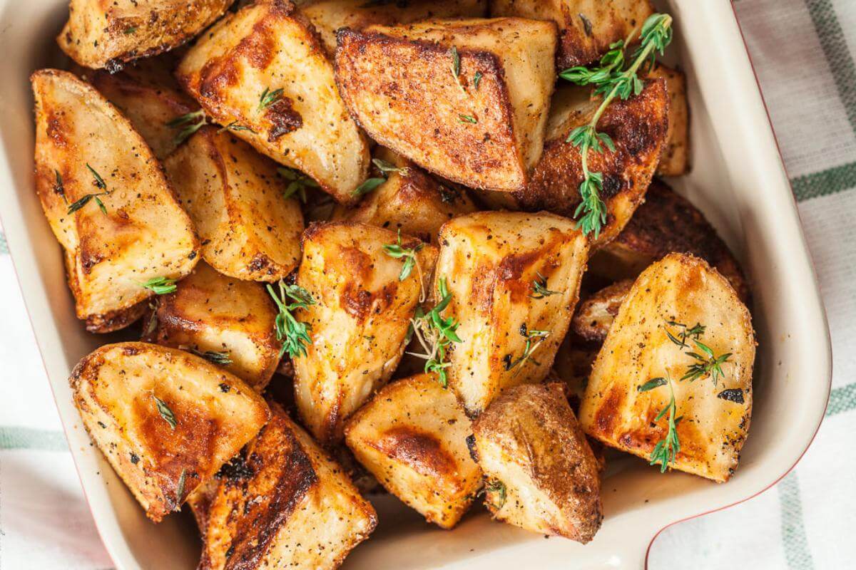 Roasted potatoes in a dish.