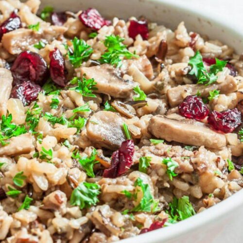 Wild rice stuffing in a dish.