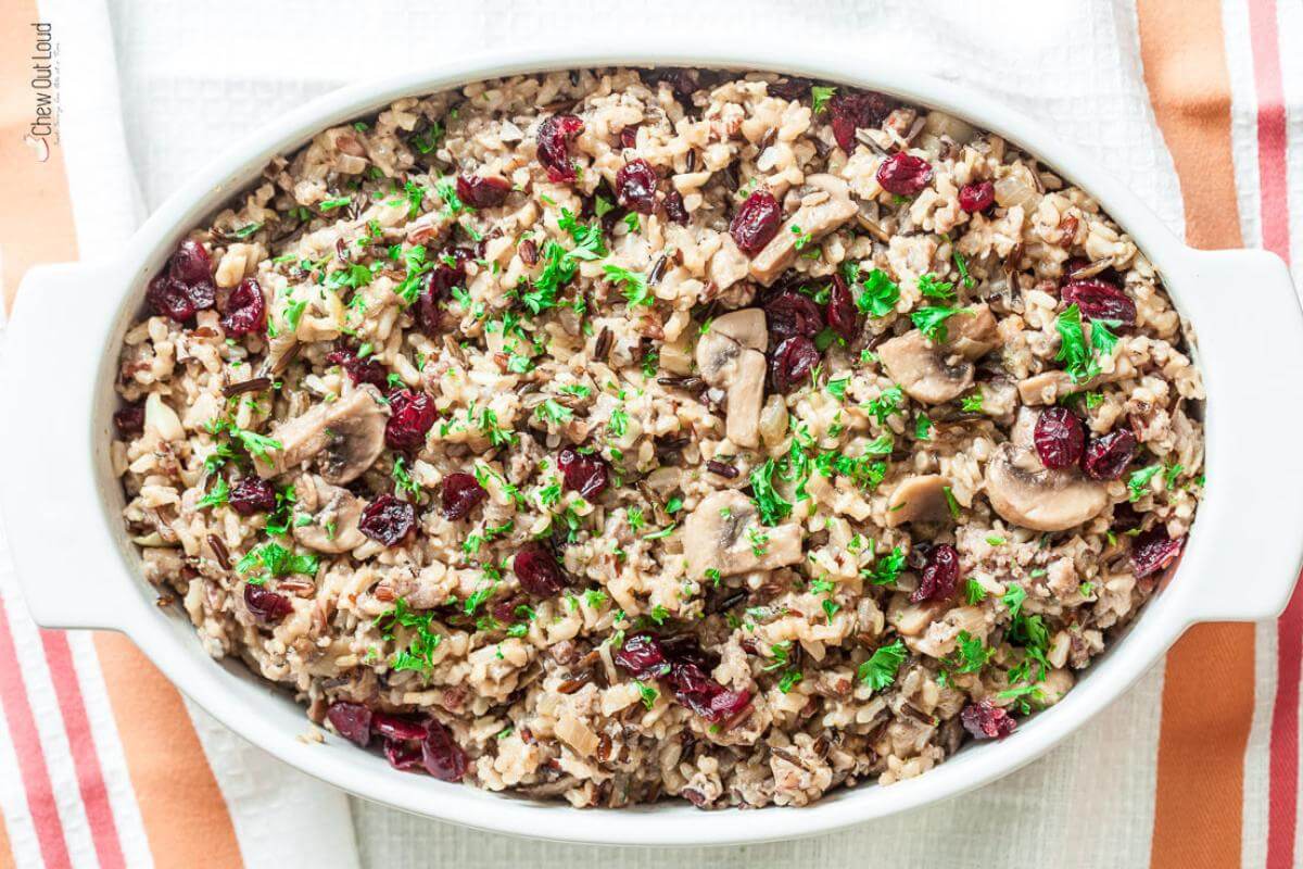 Wild rice stuffing in a dish.