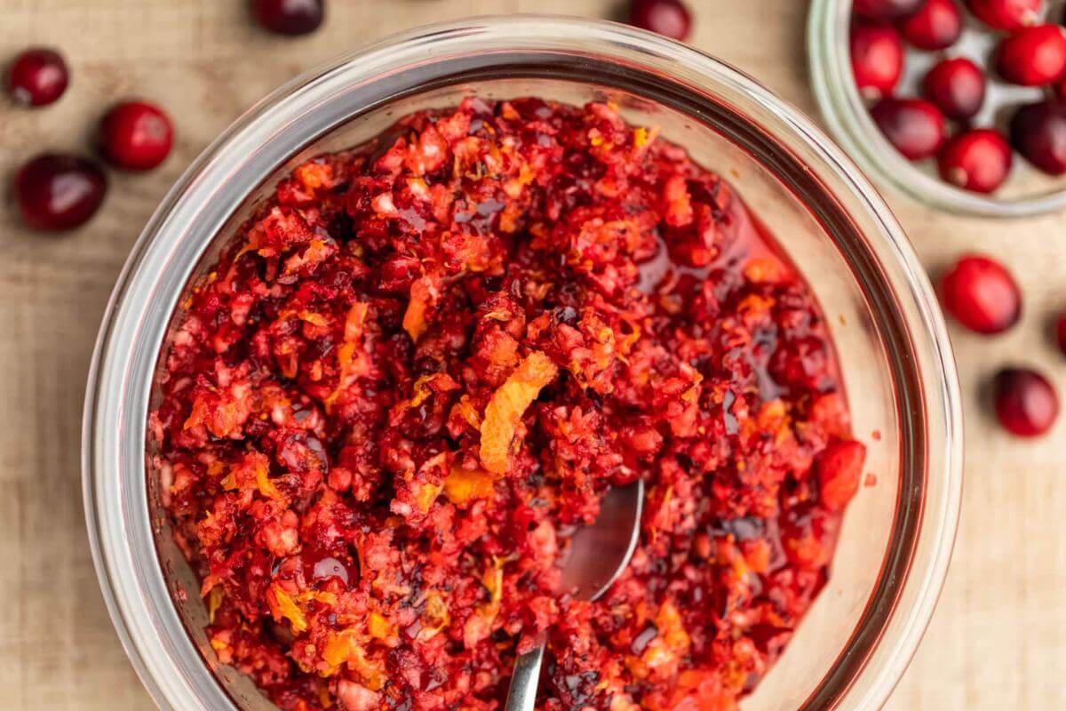 A bowl of cranberry orange relish.