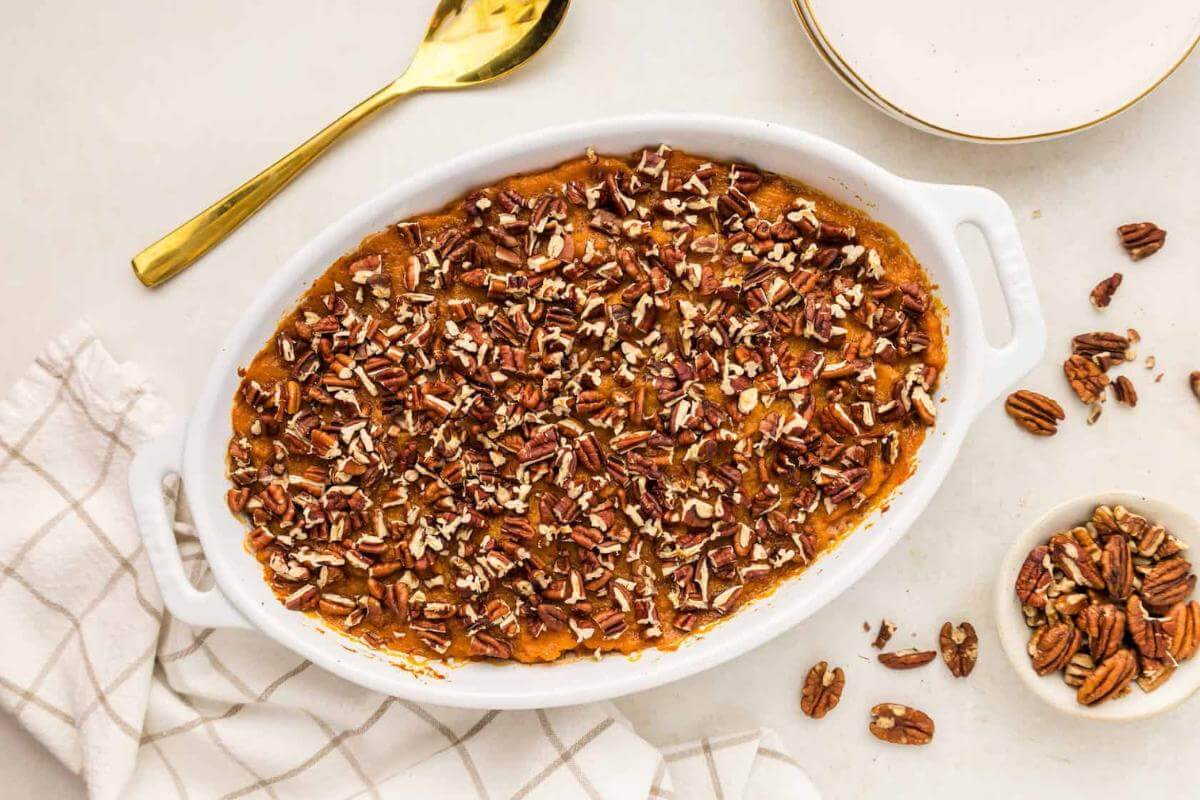 Sweet potato casserole in a dish.